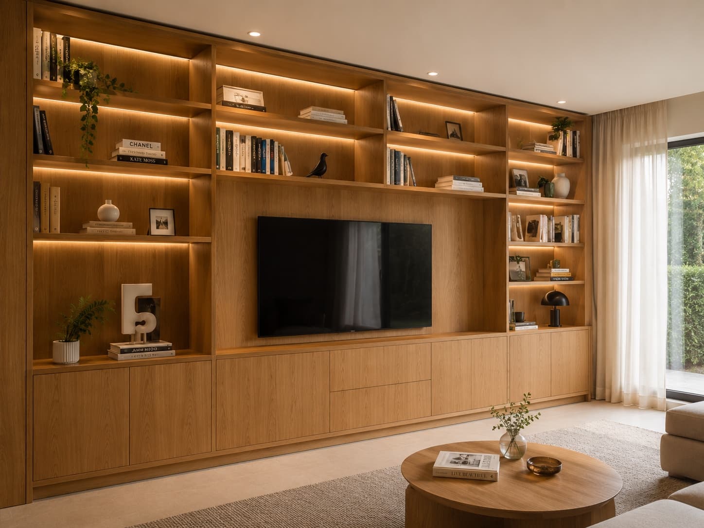Custom floor-to-ceiling bookcase in a contemporary living room