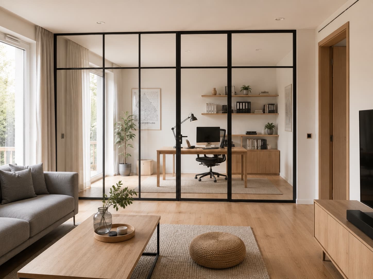 Steel and glass interior verriere in an open living space in Luxembourg