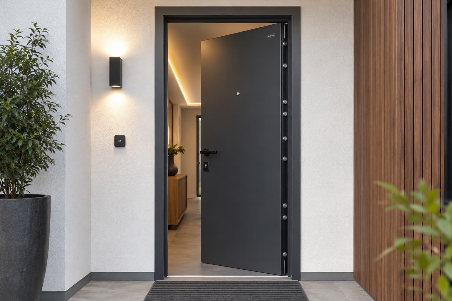 Porte blindée contemporaine dans une entrée de maison