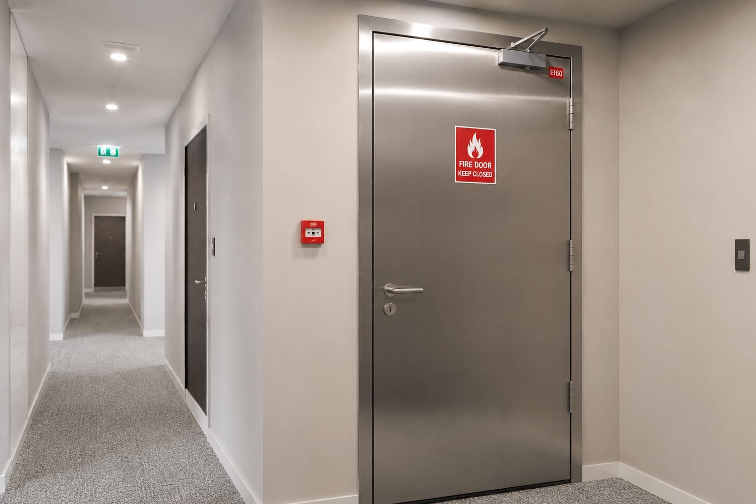 Porte coupe-feu acier dans un couloir de résidence collective