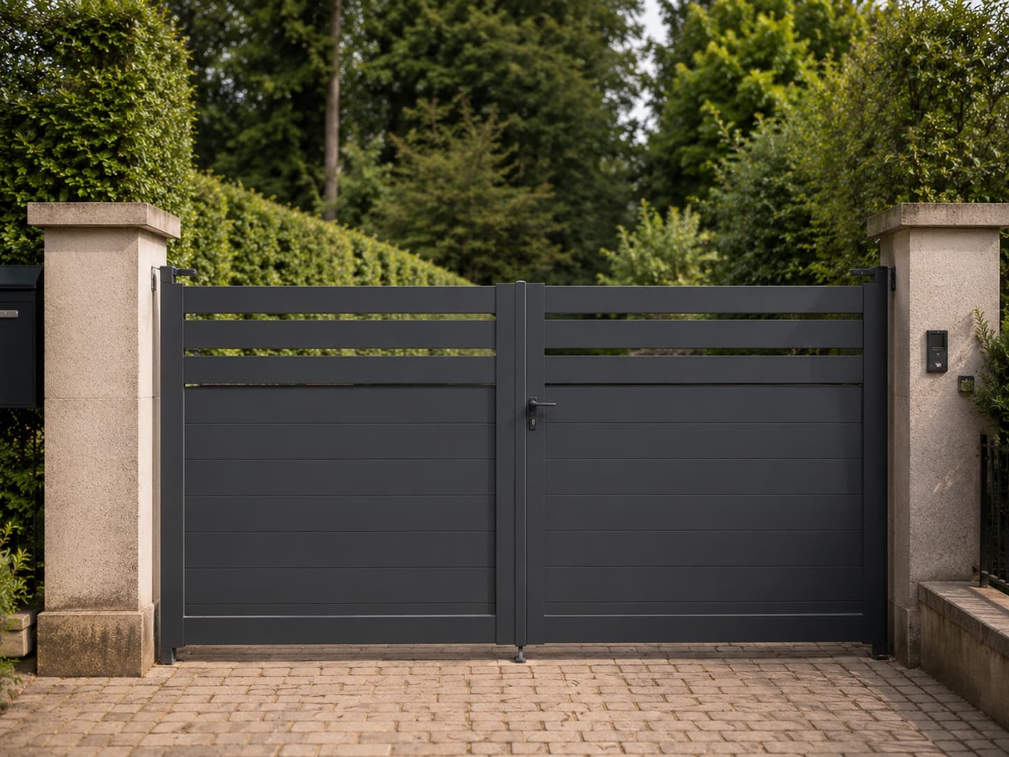 Two-panel hinged gate at the entrance of a residential property
