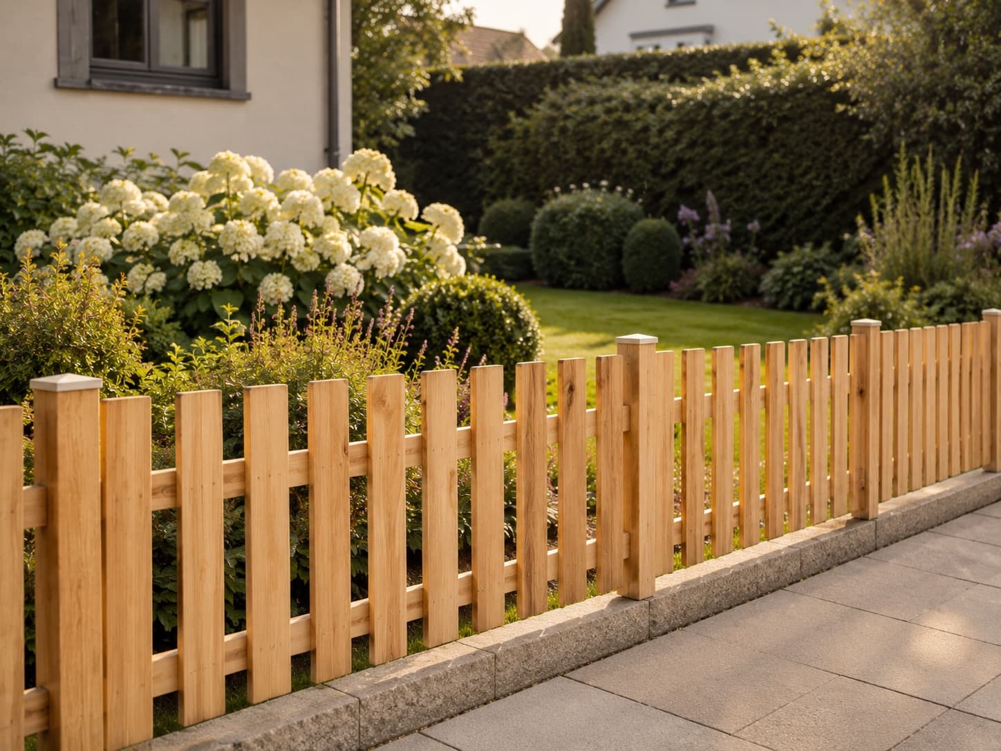 Natural wood garden fence bordering a lawn