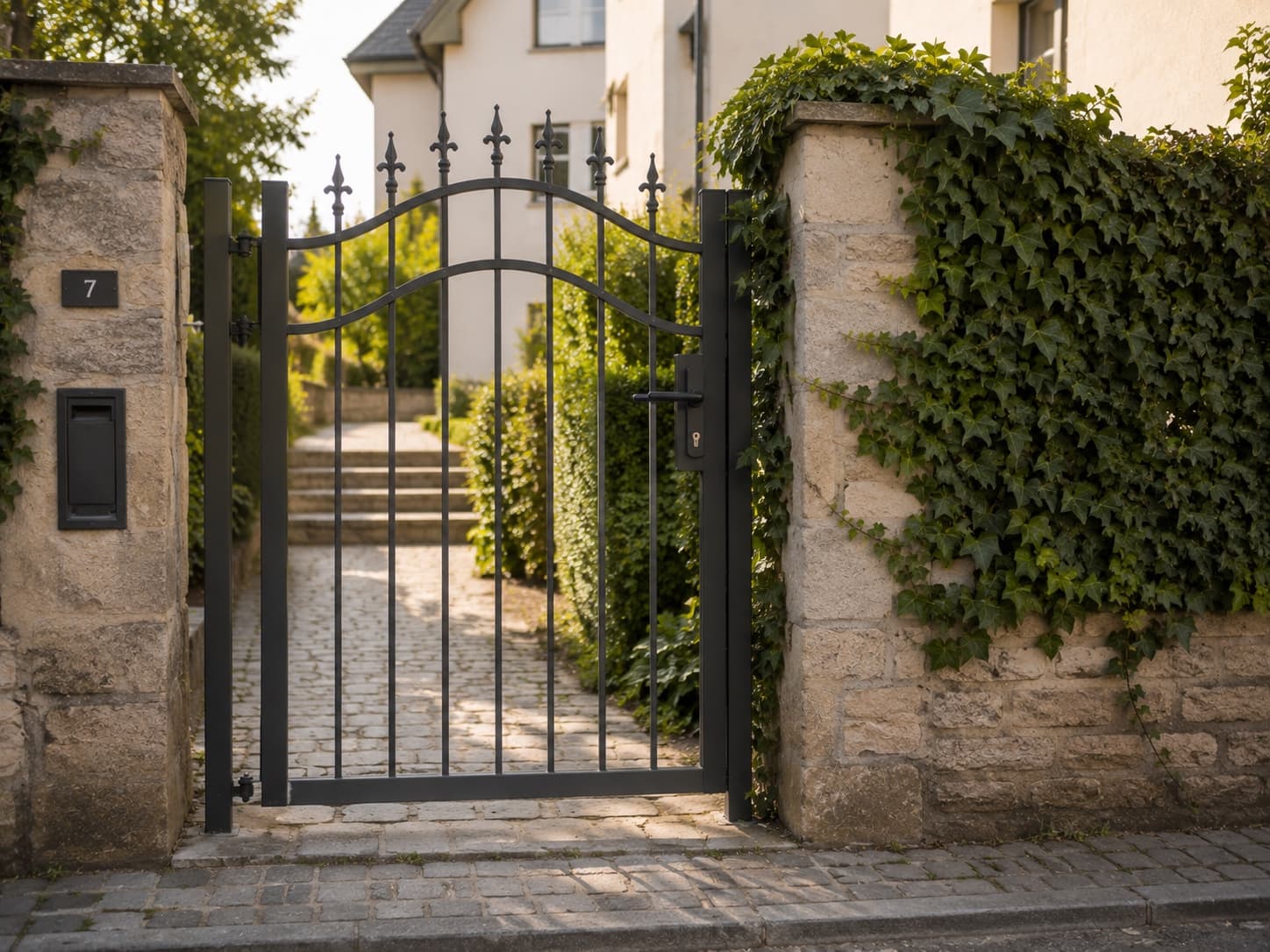Wrought iron manual gate on a residential road