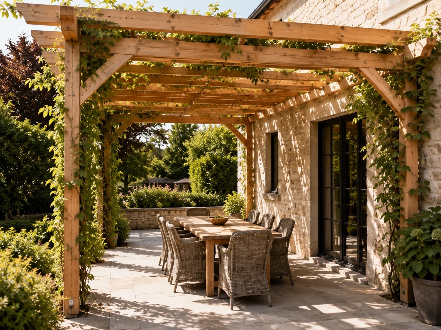 Angelehnte Holzpergola mit Gartentisch darunter