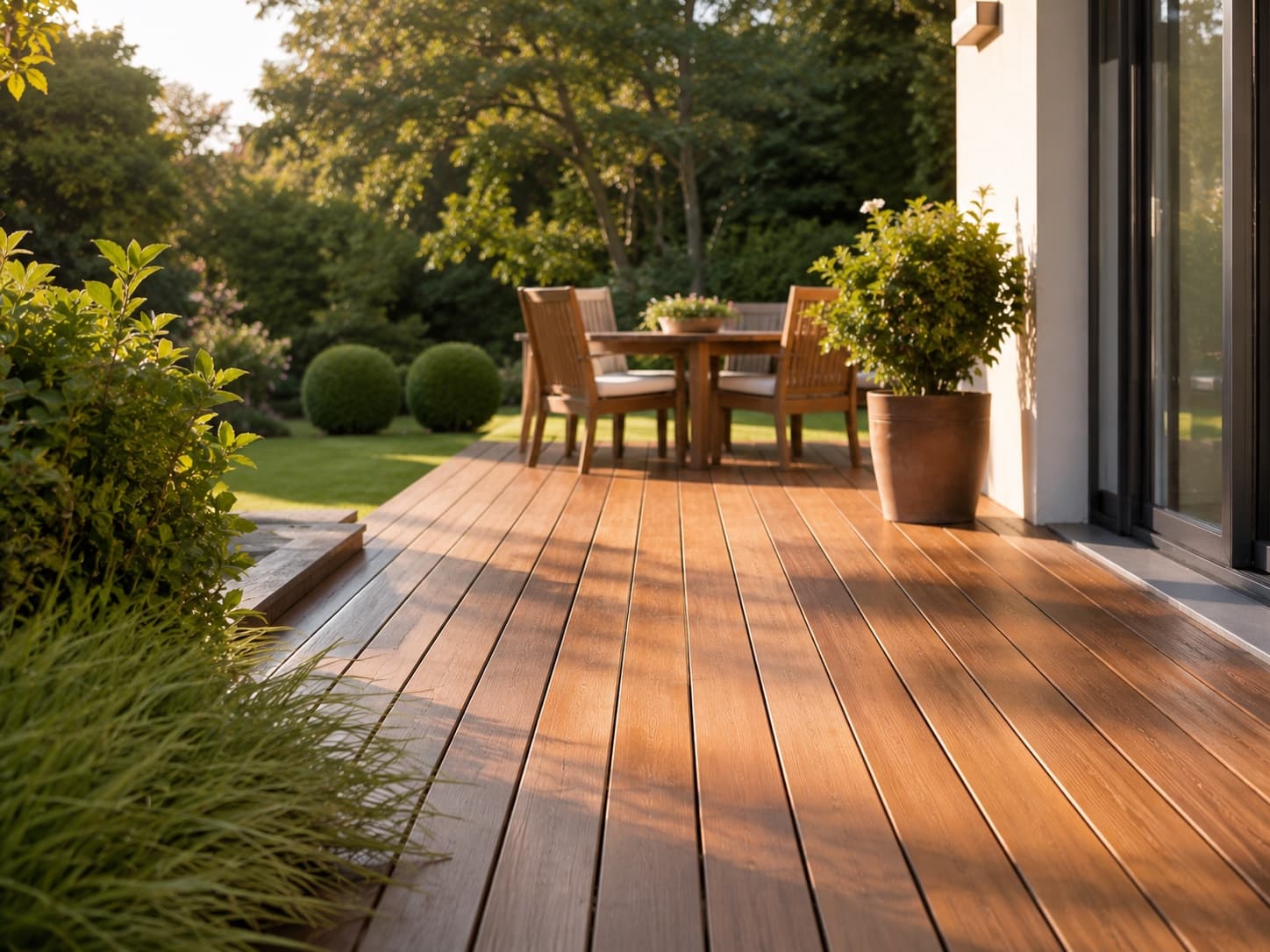 Exotenholzterrasse mit Gartenmöbeln und Bepflanzung