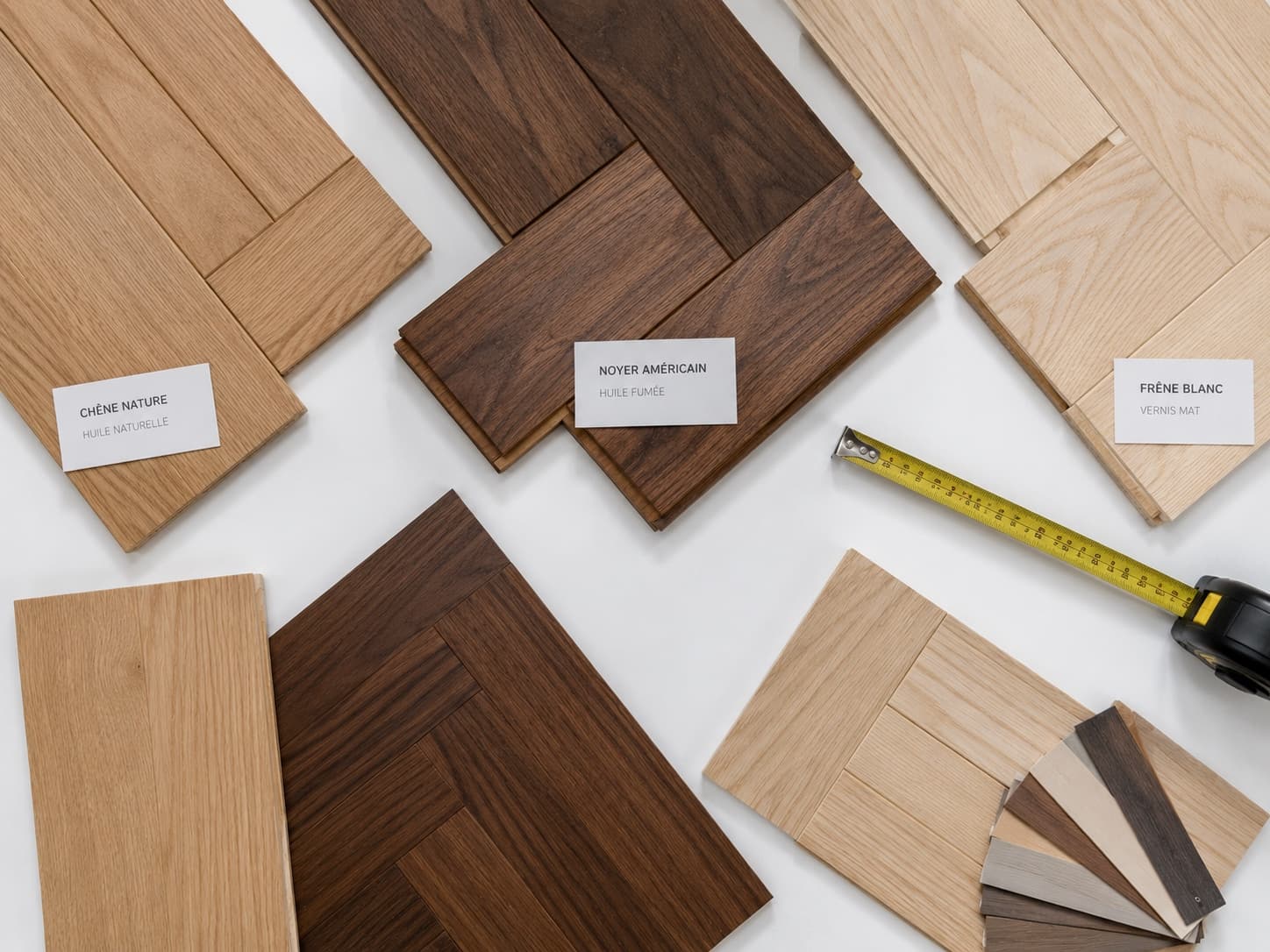 Échantillons de parquet en différentes essences et finitions