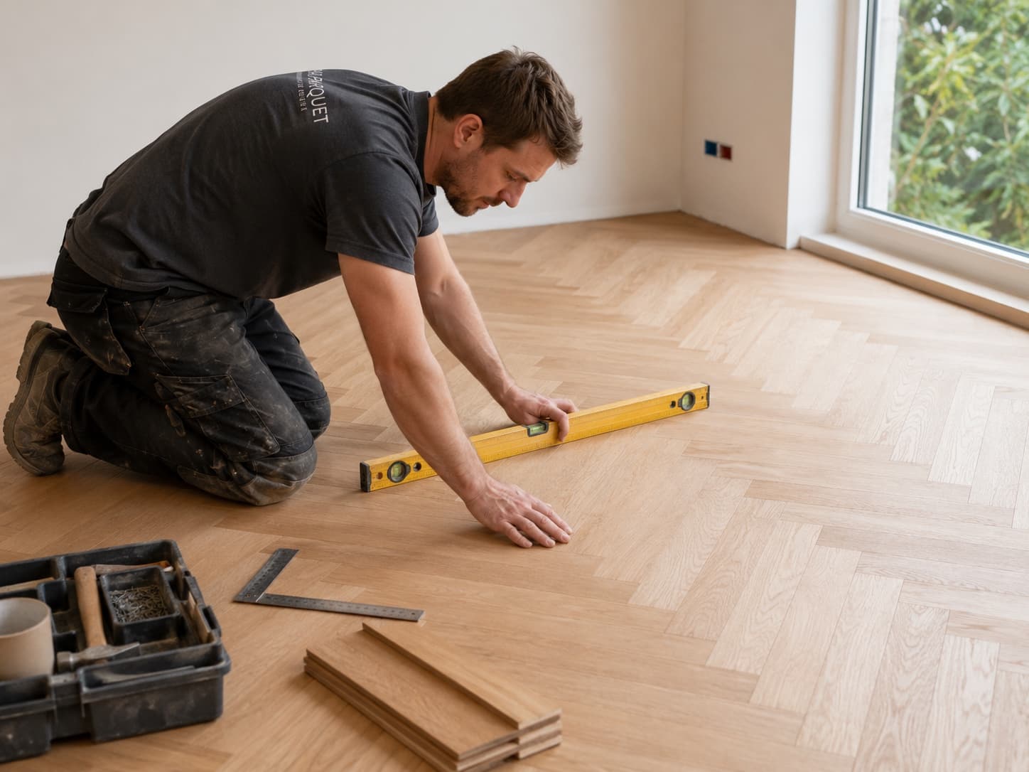 Spécialiste du parquet vérifiant l'alignement d'un sol en chêne au Luxembourg