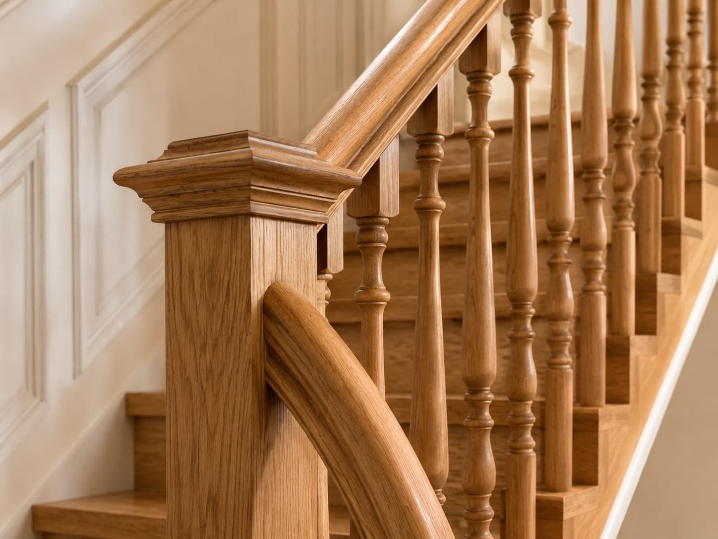 Oak guardrail with turned balusters and handrail