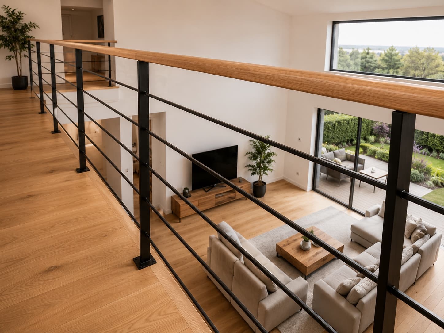 Steel and oak mezzanine balustrade overlooking the living room