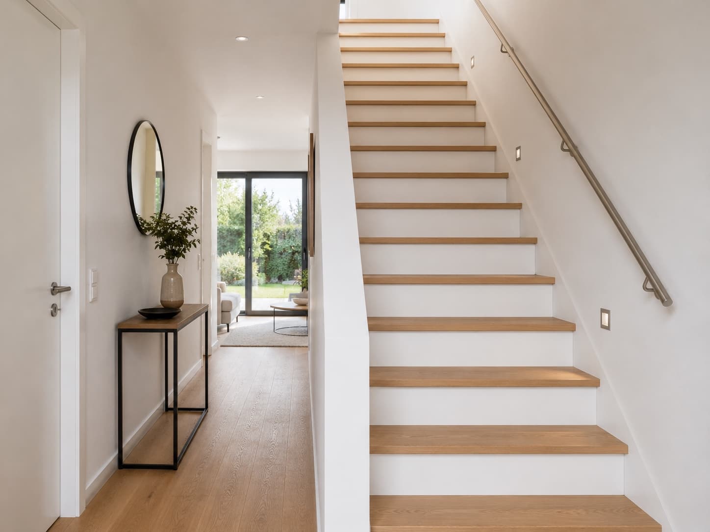 Straight oak staircase with white steps and metal handrail
